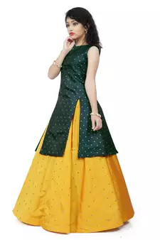 Kids Green Indo With Yellow Lehenga Choli For Girls 