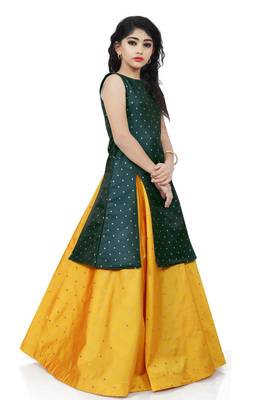 Kids Green Indo With Yellow Lehenga Choli For Girls  3