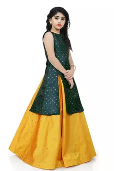 Kids Green Indo With Yellow Lehenga Choli For Girls 