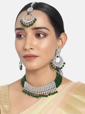  Rhodium Plated Ethnic Indian Traditional Kundan & Pearl Choker Necklace Jewellery Set for Women  1