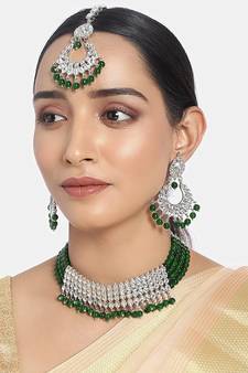  Rhodium Plated Ethnic Indian Traditional Kundan & Pearl Choker Necklace Jewellery Set for Women (K7083ZG)