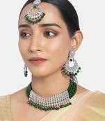  Rhodium Plated Ethnic Indian Traditional Kundan & Pearl Choker Necklace Jewellery Set for Women 