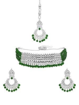  Rhodium Plated Ethnic Indian Traditional Kundan & Pearl Choker Necklace Jewellery Set for Women  2