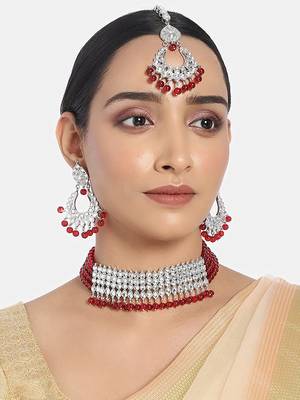 Rhodium Plated Ethnic Indian Traditional Kundan & Pearl Choker Necklace Jewellery Set for Women  1