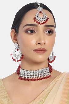 Rhodium Plated Ethnic Indian Traditional Kundan & Pearl Choker Necklace Jewellery Set for Women (K7083ZM)