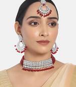 Rhodium Plated Ethnic Indian Traditional Kundan & Pearl Choker Necklace Jewellery Set for Women 