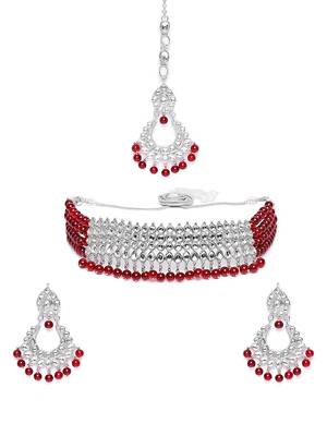 Rhodium Plated Ethnic Indian Traditional Kundan & Pearl Choker Necklace Jewellery Set for Women  2