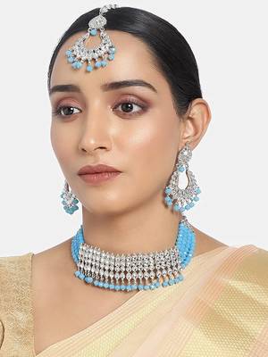 Rhodium Plated Ethnic Indian Traditional Kundan & Pearl Choker Necklace Jewellery Set for Women (K7083ZSB) 1