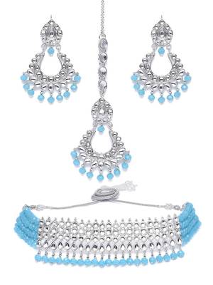 Rhodium Plated Ethnic Indian Traditional Kundan & Pearl Choker Necklace Jewellery Set for Women (K7083ZSB) 2