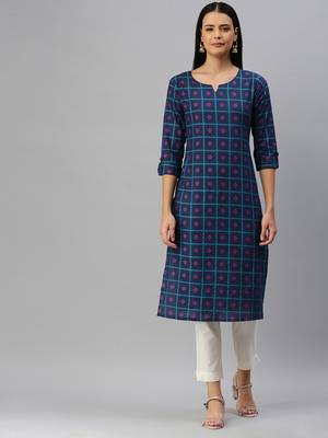 Navy-Blue Printed Cotton Cotton-Kurtis 1
