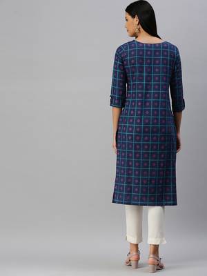 Navy-Blue Printed Cotton Cotton-Kurtis 2
