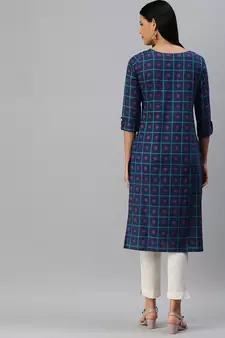 Navy-Blue Printed Cotton Cotton-Kurtis