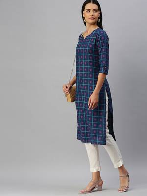 Navy-Blue Printed Cotton Cotton-Kurtis 3