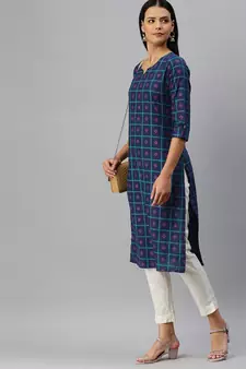 Navy-Blue Printed Cotton Cotton-Kurtis