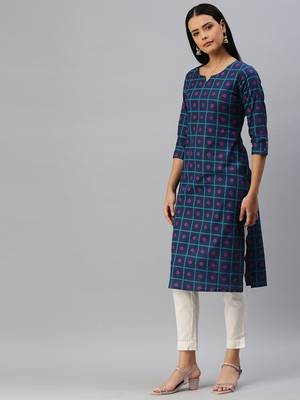 Navy-Blue Printed Cotton Cotton-Kurtis 4