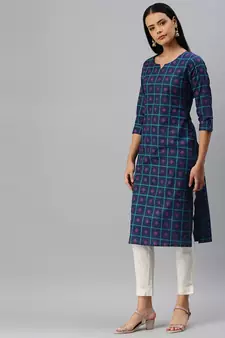 Navy-Blue Printed Cotton Cotton-Kurtis