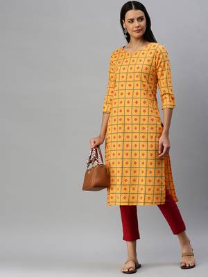 Mustard Printed Cotton Cotton-Kurtis 1