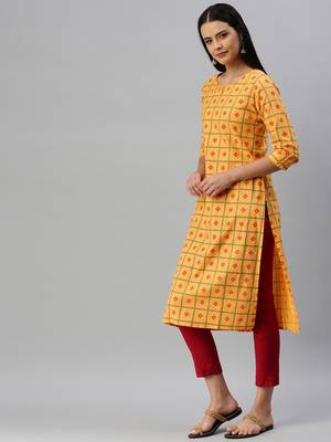 Mustard Printed Cotton Cotton-Kurtis 3
