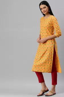 Mustard Printed Cotton Cotton-Kurtis