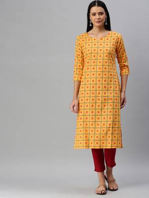 Mustard Printed Cotton Cotton-Kurtis 4