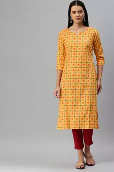 Mustard Printed Cotton Cotton-Kurtis