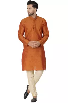 Brown embroidered jaquard kurta-pajama
