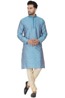 Turquoise embroidered jaquard kurta-pajama