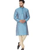 Turquoise embroidered jaquard kurta-pajama