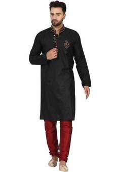Black embroidered art silk kurta-pajama