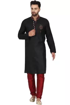 Black embroidered art silk kurta-pajama