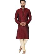 Red embroidered art silk kurta-pajama