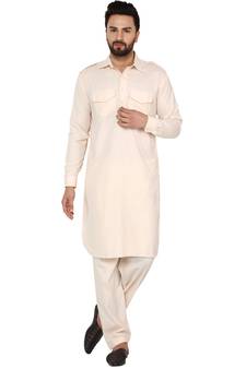 Beige plain cotton kurta-pajama