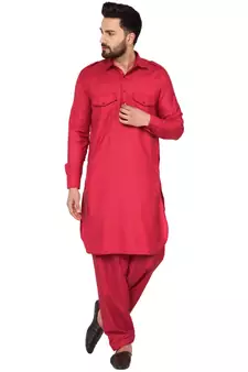 Red plain cotton kurta-pajama