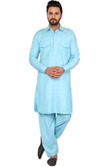 Turquoise plain cotton kurta-pajama