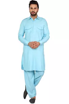 Turquoise plain cotton kurta-pajama