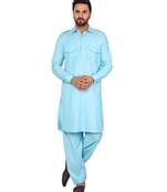 Turquoise plain cotton kurta-pajama