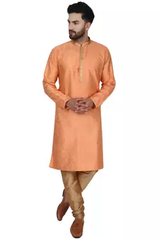 Orange embroidered jaquard kurta-pajama