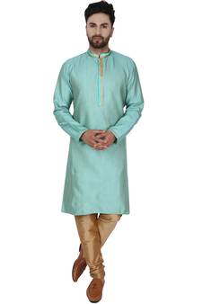 Turquoise embroidered jaquard kurta-pajama