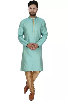 Turquoise embroidered jaquard kurta-pajama