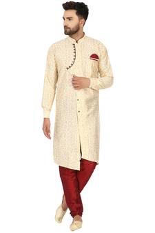 Beige embroidered art silk kurta-pajama
