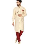 Beige embroidered art silk kurta-pajama