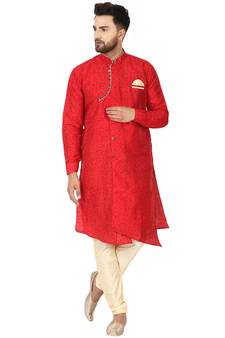 Red embroidered art silk kurta-pajama