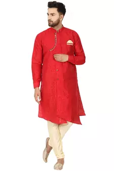 Red embroidered art silk kurta-pajama
