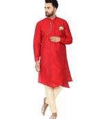 Red embroidered art silk kurta-pajama