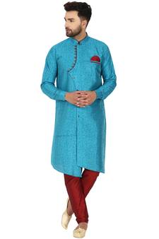 Turquoise embroidered art silk kurta-pajama