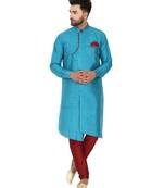 Turquoise embroidered art silk kurta-pajama