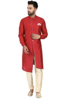 Red embroidered art silk kurta-pajama