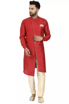 Red embroidered art silk kurta-pajama