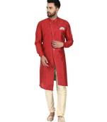Red embroidered art silk kurta-pajama