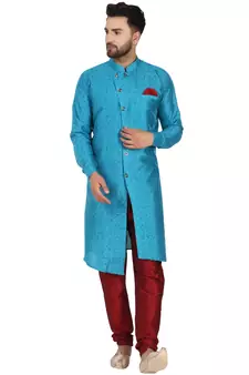 Turquoise embroidered art silk kurta-pajama